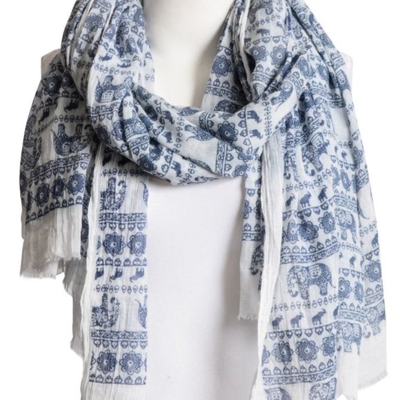 Navy & White Lightweight Elephant Boho Scarf - Picture 2 of 2